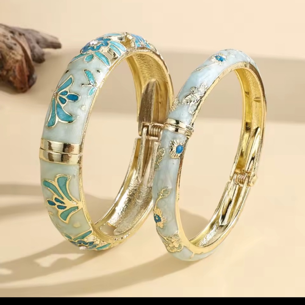 Gold, Blue & Teal Enamel Floral Bangle Bracelets w/ Rhinestone Accent